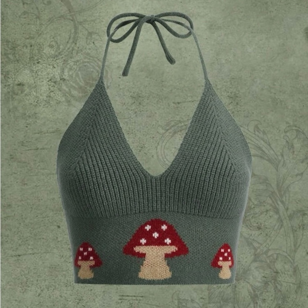 ROMWE Green Knit Halter Top with Mushroom Design